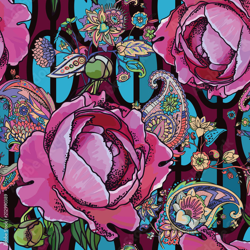 peony flowers and paisley