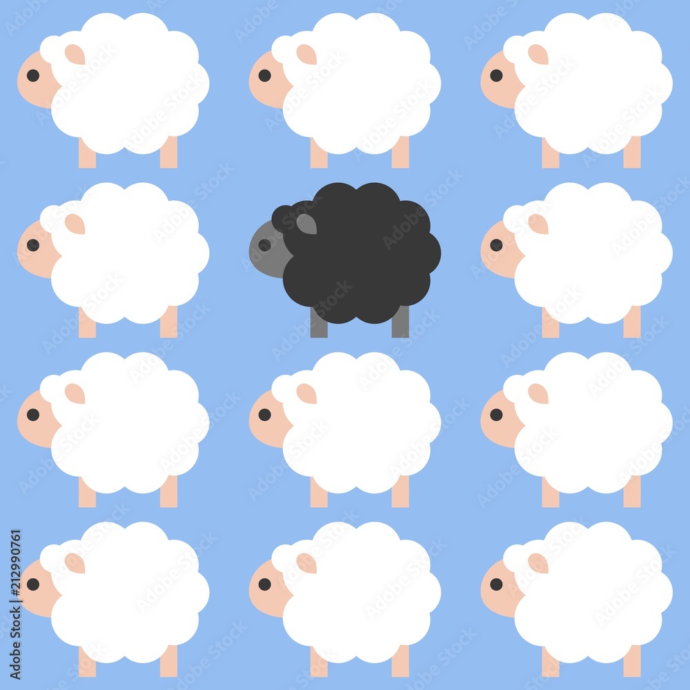 Black sheep in white sheep crowd, flat design
