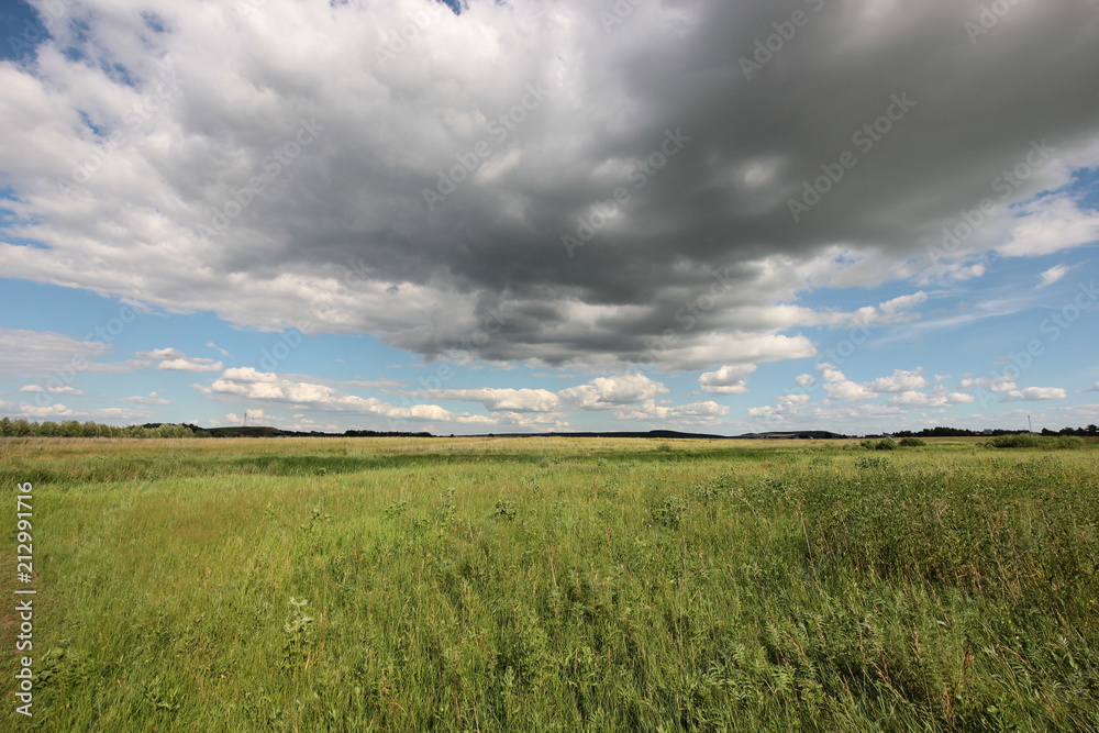 summer landscape with clouds over the road in the field