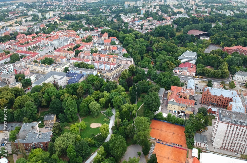 Aerial view on Koszalin city park and buildings