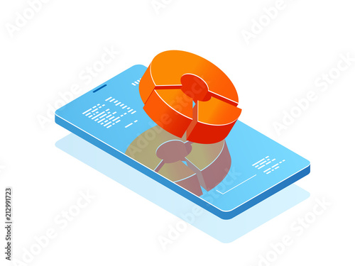 Mobile phone with bar chart on screen, analytics application, banner with smartphone online statistic isometric vector