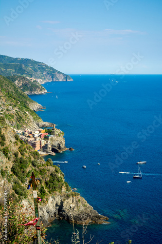 Vertical View of the Cliff on the Sea in front of the Natioinal Park of the Cinque Terre, Italy