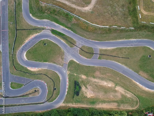 Asphalt racing track, snake shape, aerial view