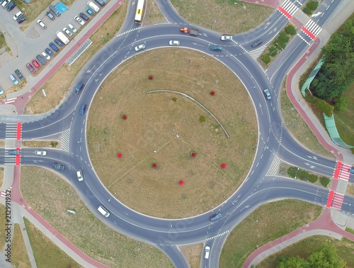 Roundabout intersection in five directions with island, aerial view