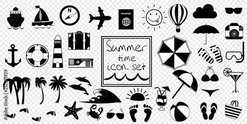 Vector black and white summer travel or vacation beach big icon set