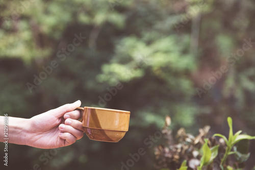 Woman Hand holding a cup of coffee or tea on a tropical palm leaves background.