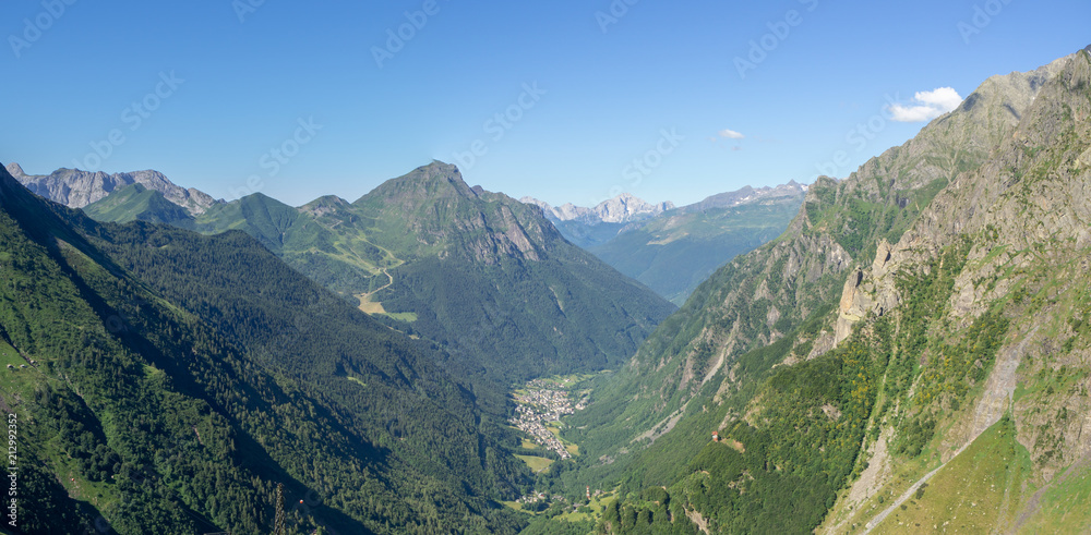 Naklejka premium Valbondione is a mountain village at the end of the Seriana valley in the area of Bergamo, Italy. Landscape from the top of the mountain