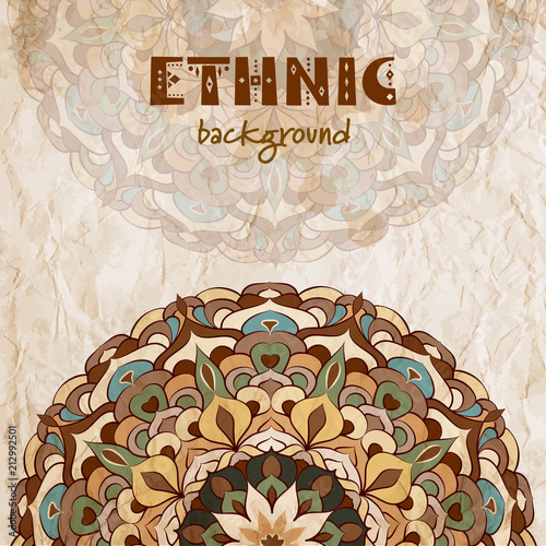 Vector oriental mandala motif on an old grunge paper. Ethnic vintage background.