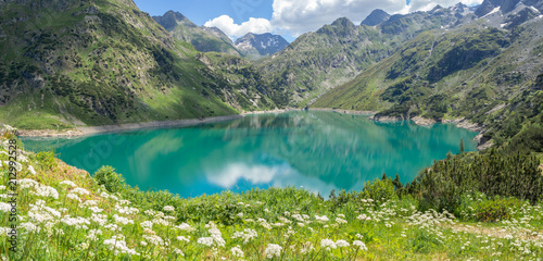 Landscape of the Lake Barbellino an alpine artificial lake. Italian Alps. Italy
