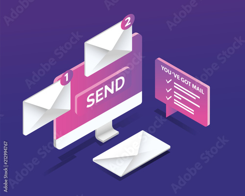 Business email marketing and digital communication isometric concept. vector