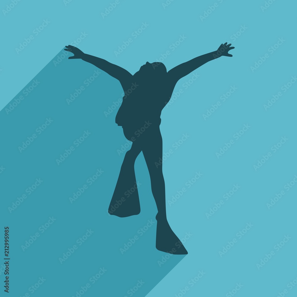Silhouette of diver. Icon diver. The concept of sport diving. Web icon with long shadow