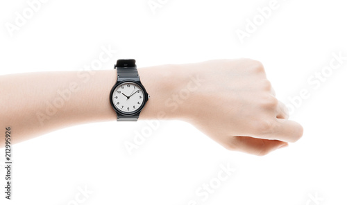Hand with watch isolated on white background