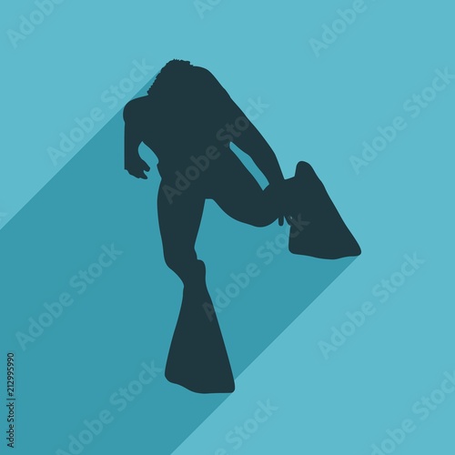 Silhouette of diver. Icon diver. The concept of sport diving. Web icon with long shadow