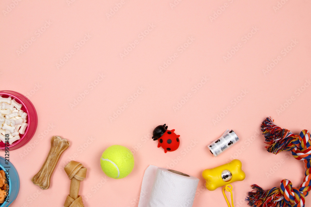 Dog accessories, food and toy on pink background. Flat lay. Top view.