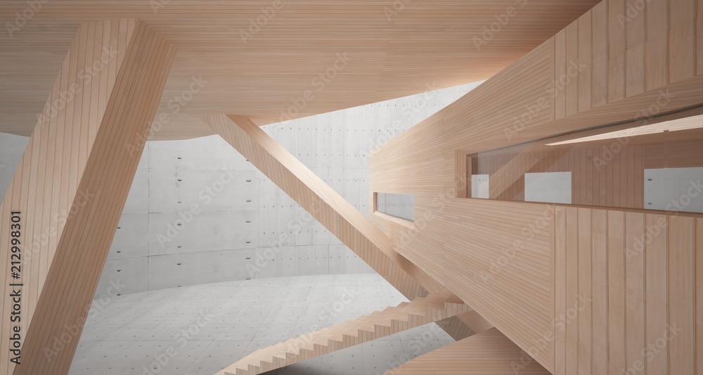 Obraz premium Abstract concrete and wood parametric interior with window. 3D illustration and rendering.