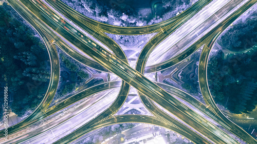 aerial view of highway interchange at night photo