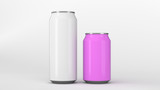 Big white and small purple soda cans mockup