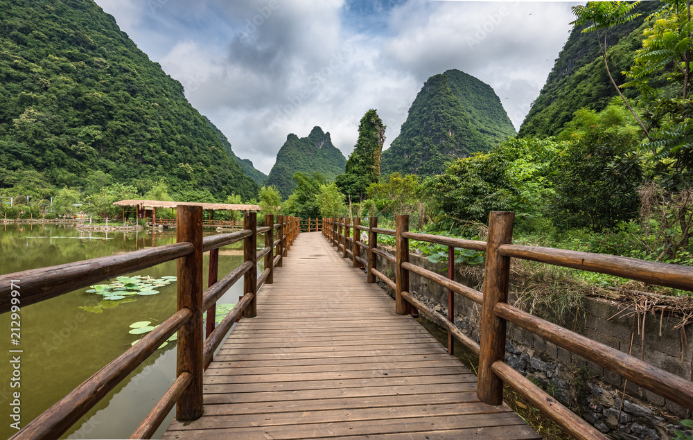 view of ancient Chinese village beside lotus pond