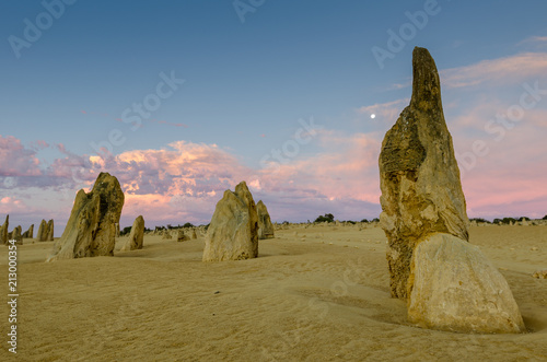 Strange limestone pillars emerge from the golden sand of the Pinnacles Desert in Nambung National Park, Western Australia. Shortly after sunset, with a nearly full moon in the sky.