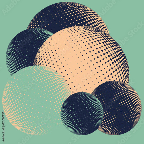 graphic pile of halftone spheres in retro green and ivory