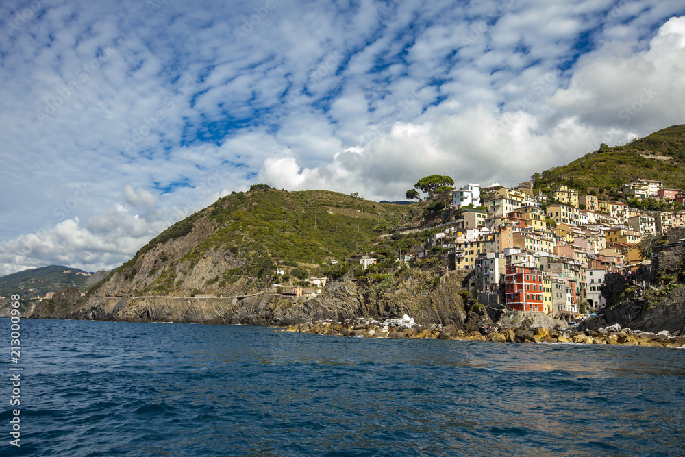 Town Riomaggiore at Cinque Terre at Ligurian sea in Italy