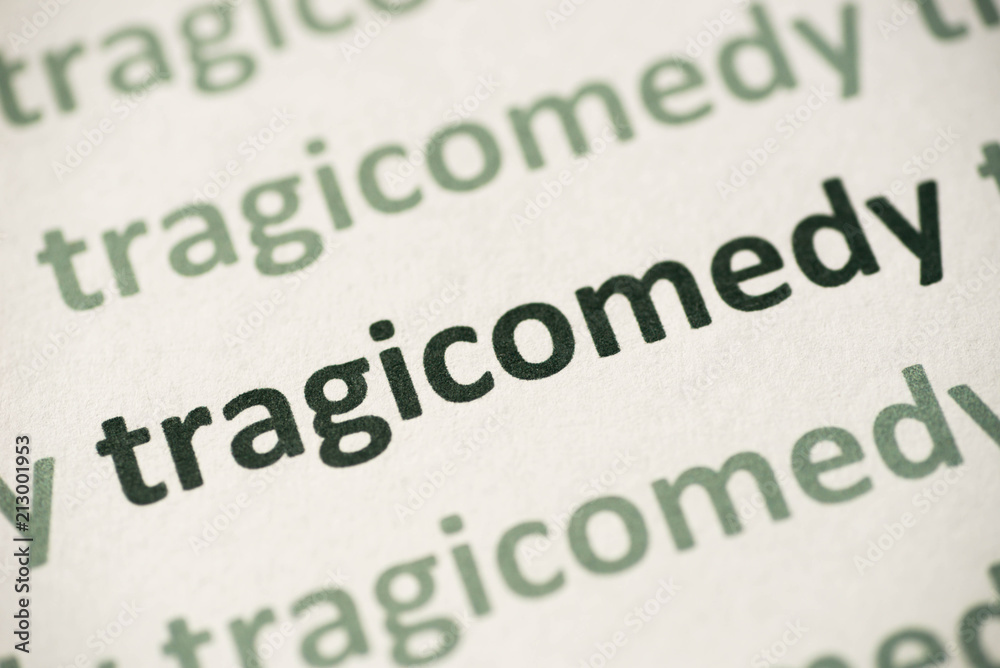word tragicomedy  printed on paper macro