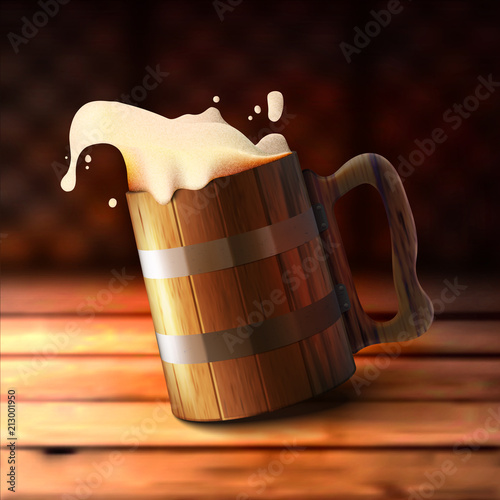 Stock vector illustration realistic wooden old beer mug. Pint. Bar background. Spilling beer. Oktoberfest. EPS 10