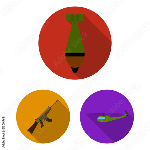 Army and armament flat icons in set collection for design. Weapons and equipment vector symbol stock web illustration.