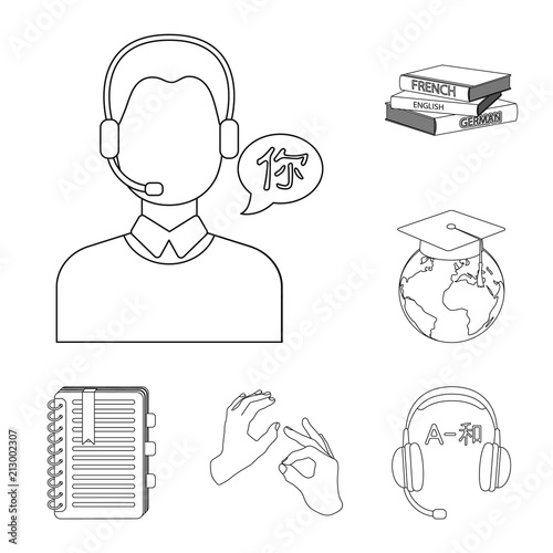 Translator and linguist outline icons in set collection for design. Interpreter vector symbol stock web illustration.