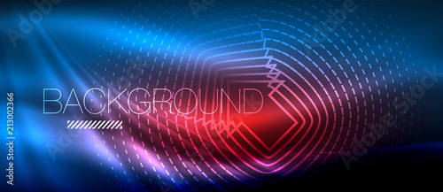 Neon glowing wave, magic energy and light motion background. Wallpaper template, hi-tech future concept