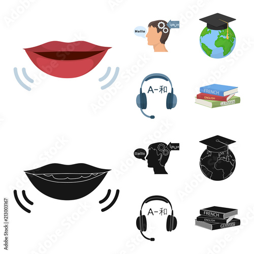 The mouth of the person speaking, the person head translating the text, the globe with the master cap, the headphones with the translation. Interpreter and translator set collection icons in cartoon