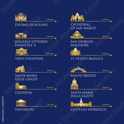 Infographic of Italy symbols, landmarks in gold color. Vector illustration. Rome, Venice, Milan, Italy