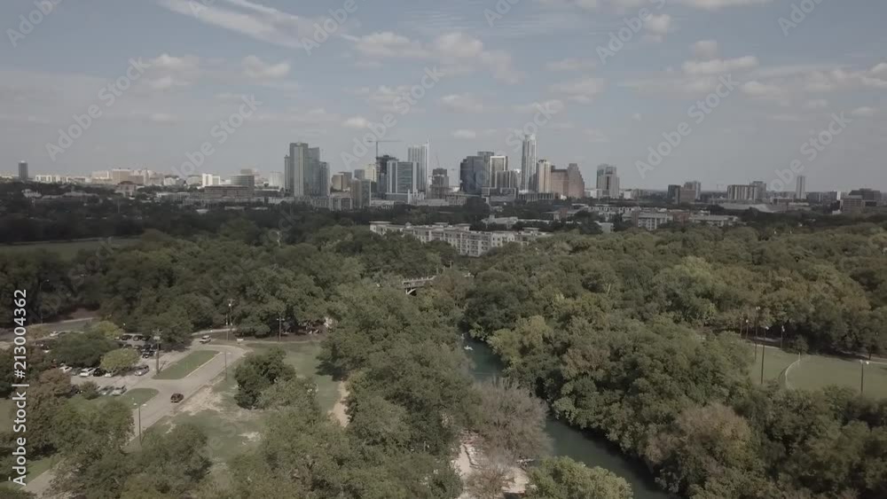 Wide drone shot revealing the Austin City skyline. Wide drone shot revealing the Austin City skyline.