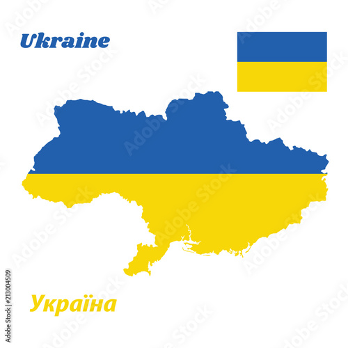 Map outline and flag of Ukraine, it is a banner of two equally sized horizontal bands of blue and yellow. with name text Ykpaiha.