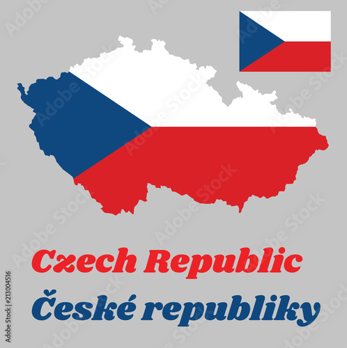 Map outline and flag of Czech Republic, two equal horizontal bands of white (top) and red with a blue isosceles triangle based on the hoist side. with name text Ceske republic.