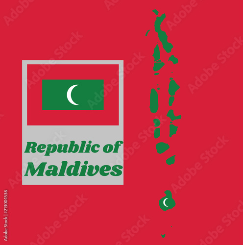 Map outline and flag of Maldives, green with a red border. The centre bears a vertical white crescent. with name text republic of Maldives.