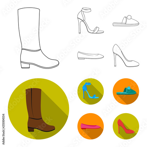 Blue high-heeled sandals, homemade lilac slippers with a pampon, pink women ballet flats, brown high-heeled shoes. Shoes set collection icons in outline,flat style vector symbol stock illustration web