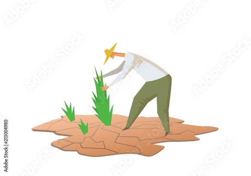 Drought and farming. Farmer growing plants on dry soil. Flat vector illustration. Isolated on white background.