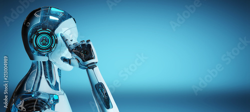 White male cyborg thinking and touching his head 3D rendering