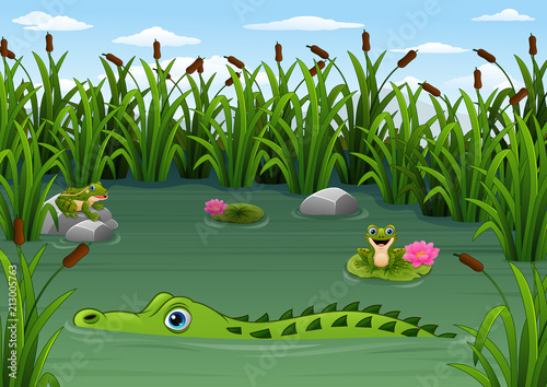 Cartoon alligator and Frogs in the pond