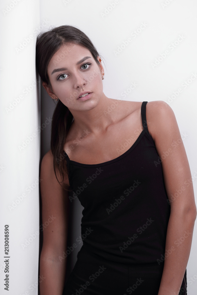 pensive young woman walking forward. pensive young woman walking forward.