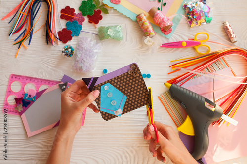 scrapbook background. Card and tools with decoration