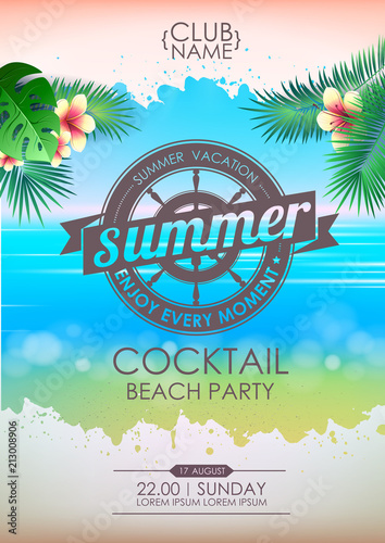 Summer disco poster cocktail beach party. Lettering poster summer vacation, enjoy enery moment