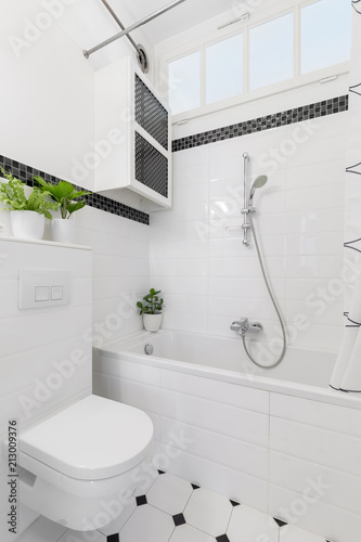 Plants above toilet in white and black bathroom interior with cabinet above bathtub. Real photo