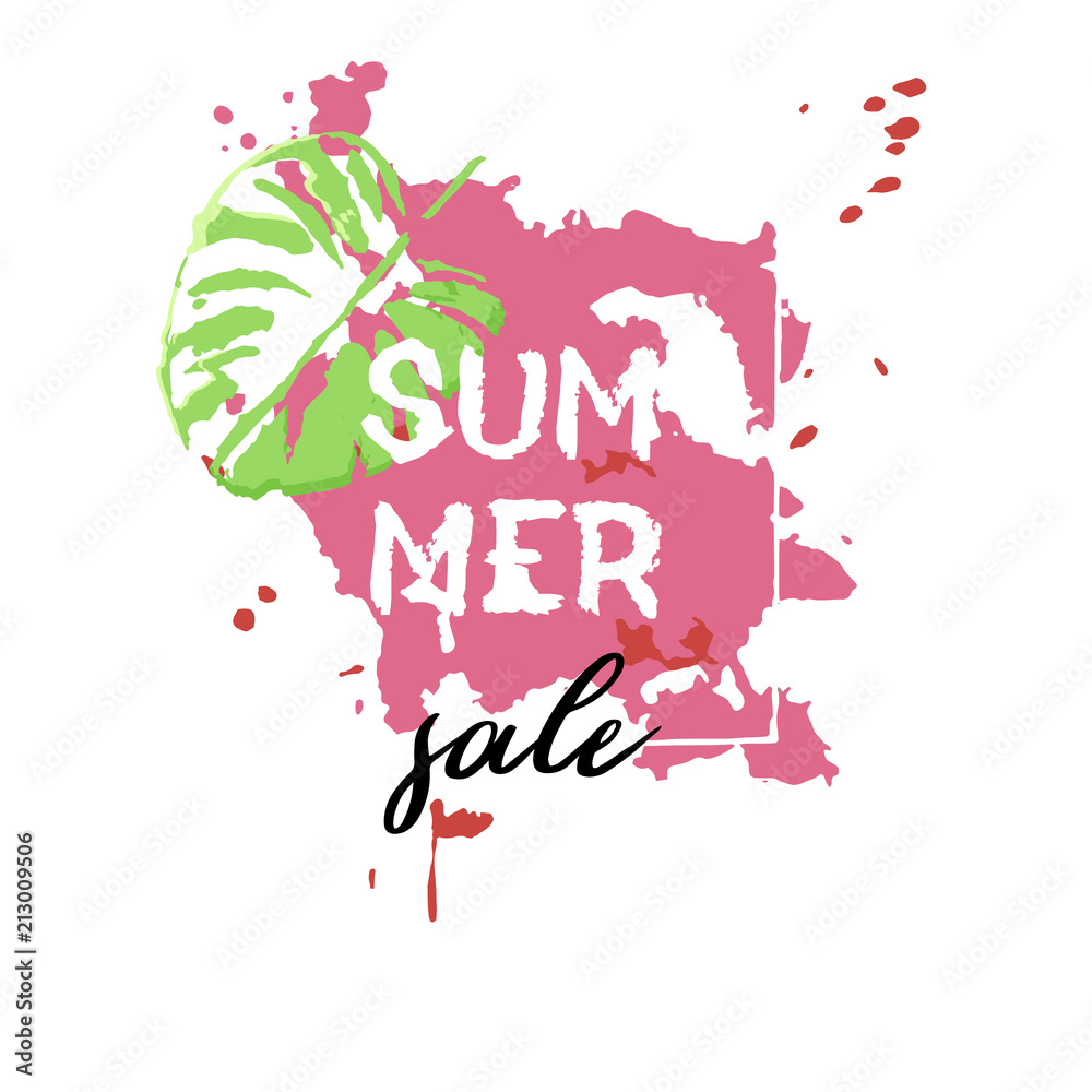 Text Summer Sale, discount banners.Palm leaves, grunge elements, ink drops, abstract background. Vector illustration.