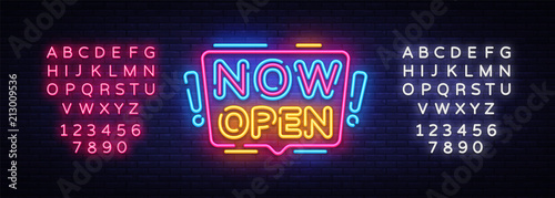Now Open neon signs vector. Now Open Design template neon sign, light banner, neon signboard, nightly bright advertising, light inscription. Vector illustration. Editing text neon sign