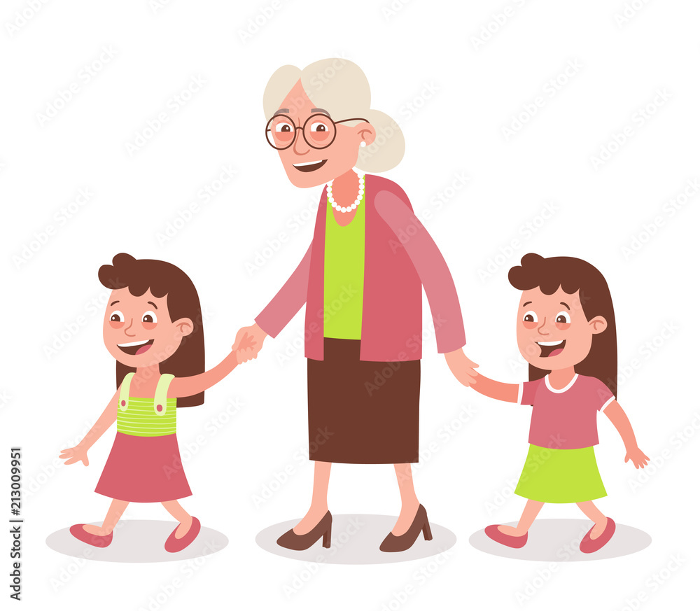 Grandmother with her grandchildren walking. Two girls, twins. She takes them by the hand. Cartoon style, isolated on white background. Vector illustration. Grandmother with her grandchildren walking. Two girls, twins. She takes them by the hand. Cartoon style, isolated on white background. Vector illustration.