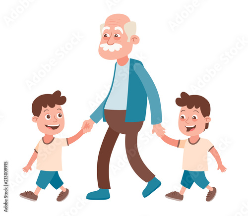 Grandfather with his grandchildren walking, he takes them by the hand. Two boys, twins. Cartoon style, isolated on white background. Vector illustration.