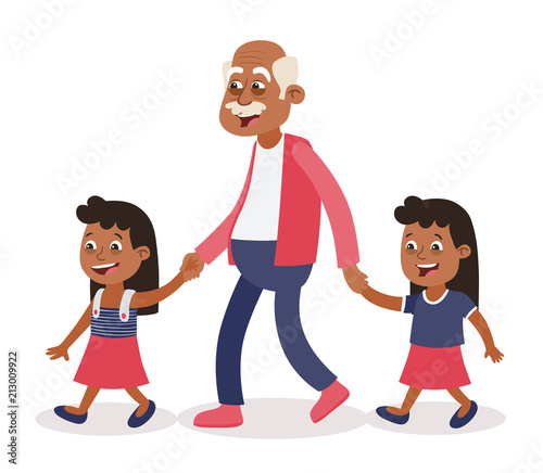 Grandfather with his grandchildren walking, he takes them by the hand.Two girls, tweens. Cartoon style, isolated on white background. Vector illustration.