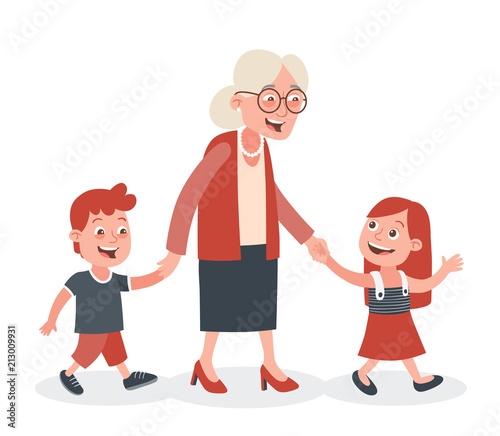 Grandmother with her grandchildren walking, she takes them by the hand. One boy and one girl. Cartoon style, isolated on white background. Vector illustration.